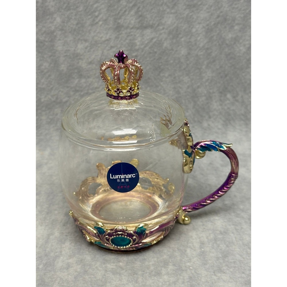 Luminarc Glass Tea Mug Cup Purple Gold Crown Lid Ornate Cup - Picture 2 of 9